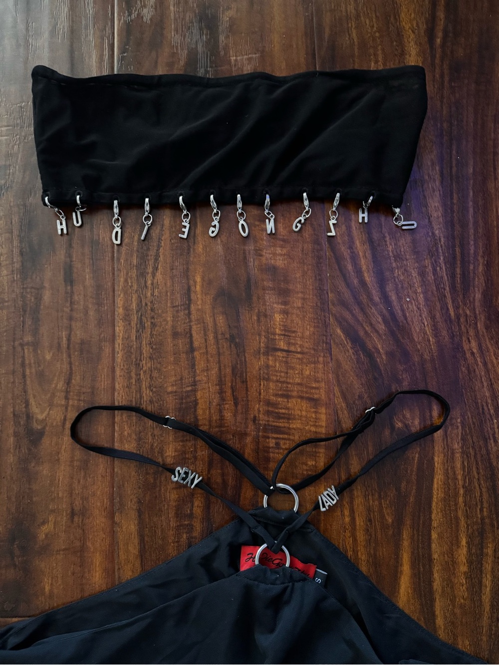 Black bandeau and skirt set with silver letter charms - Picture 2 of 5
